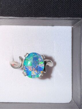 Sterling Silver Blue-Green Opal Mosaic Oval Ring Sz6.75